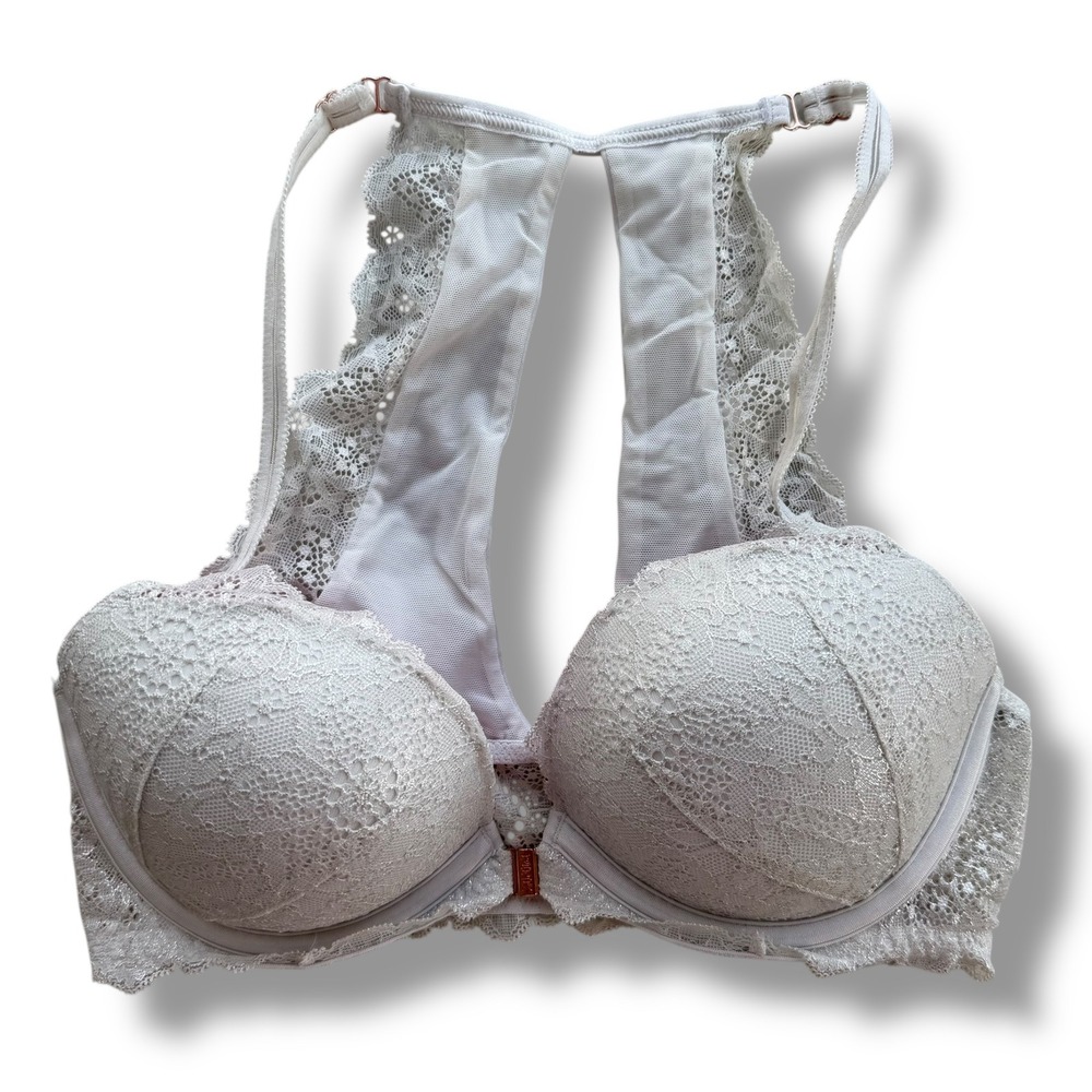 Victoria's Secret PINK 32D White Gray Metallic Lace Front Close Date Push-Up Bra